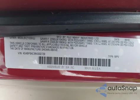 2006 Subaru Outback 3.0R from USA, damaged, VIN 4S4BP84C964302729